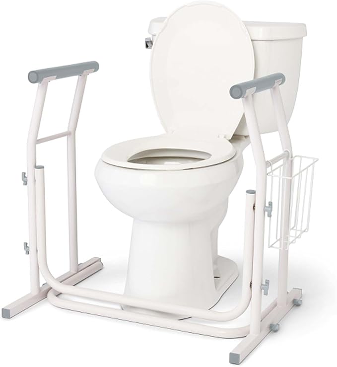 Caring Free-Standing Toilet Safety Rail – Adjustable Bathroom Support Frame & Toilet Seat Riser Aid for Seniors, Sturdy Aluminum Handles, 26.5" Wide Base, Supports up to 300 lbs