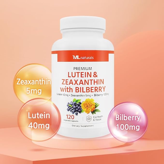 ML Naturals Premium Lutein & Zeaxanthin with Bilberry 120 Vegetable Capsules. Lutein 40 mg, Zeaxanthin 5 mg, and Bilberry 100 mg. Healthy Eyes & Vision, NSF-Certified & cGMP-Compliant Facility
