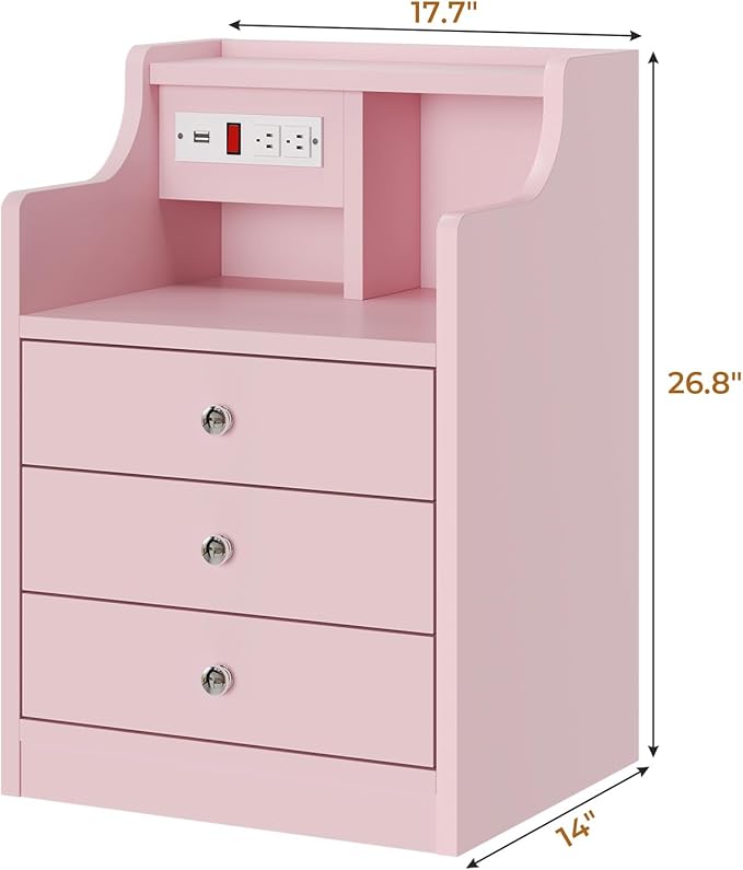 ADORNEVE Night Stand Set 2,Pink Nightstand with Charging Station & Hutch,Night Stands for Bedrooms Set of 2,Bedside Table with Drawers