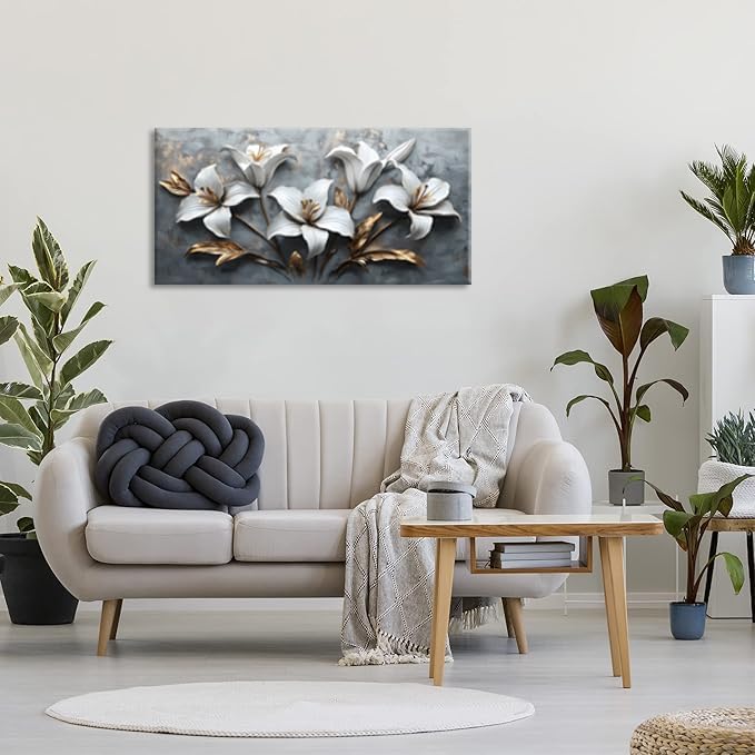 White Flowers Wall Art for Living Room Canvas Painting Prints Beautiful Floral Gold Leaves Gray Modern Artwork Office Bedroom Girls Decor Extra Large