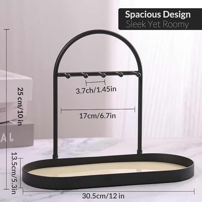 Shinpuru Metal Jewelry Organizer Stand & Key Holder Tray with Acrylic Base, Key Stand and Jewelry Tray with 5 Hooks, Perfect Key Bowl, Valet Tray, Ring Holder, Jewelry Dish (Matt Creamy)