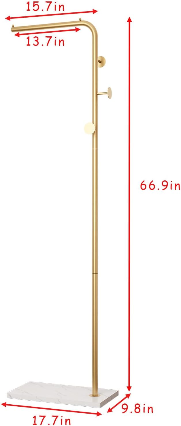 Metal Gold Coat Racks, Standing Coat Rack with Heavy Base, Modern Coat Tree with Crossbar and 3 Hooks, Entryway Coat Racks for Handbags, Clothing.(67inch)