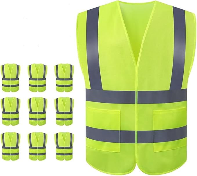 JSungo High Visibility Safety Vest 10 Pack, Yellow Reflective Vest with 2 Inch Hi vis Silver Strip, Construction Vest for Men & Women, Universal Size
