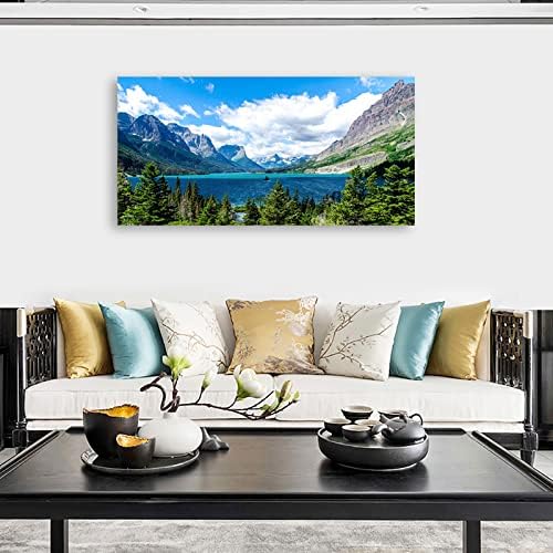 Landscape Saint Mary Lake Canvas Wall Art for Living Room Wall Decor Glacier National Park Canvas Pictures Blue Sky Mountain Forest Nature Scene Painting Artwork Home Office Decorations 20" x 40"