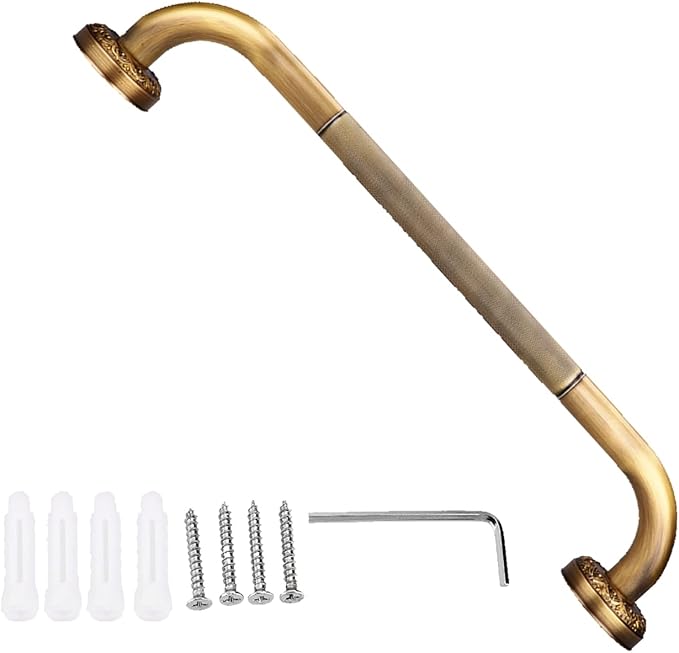 Shower Grab Bar, 19.09x3.54x2.4in Antique Style Brass Carved Shower Tub Safety Grab Bar Anti Slip Safety ShowerHandle Wall Mounted Bathroom Accessories for Bathtub Hand