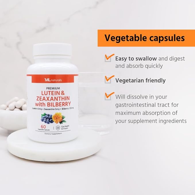 ML Naturals Premium Lutein & Zeaxanthin with Bilberry 60 Vegetable Capsules. Lutein 40 mg, Zeaxanthin 5 mg, and Bilberry 100 mg. Healthy Eyes & Vision, NSF-Certified & cGMP-Compliant Facility
