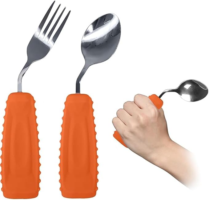 Adaptive Utensils,Weighted Angled Silverware,Parkinsons Aids,Angled Silverware Spoon and Fork Set for Elderly, Arthritis, Dementia, Disable, Handicapped Hands (Left Hand,Pack of 2,Orange)