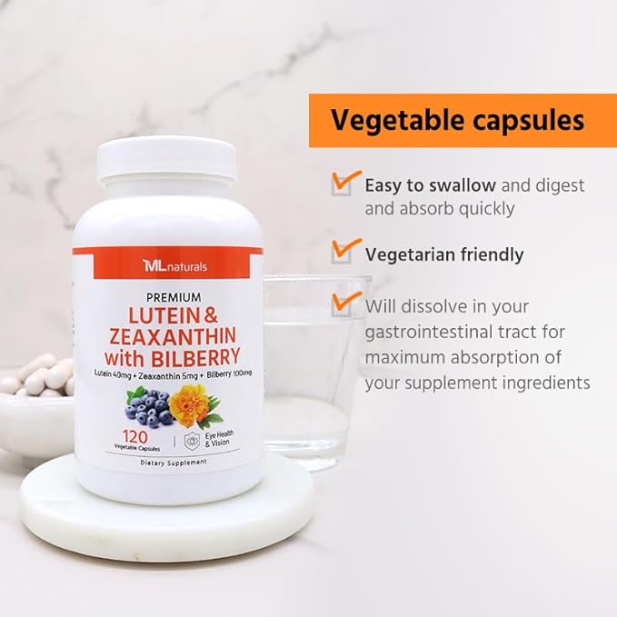 ML Naturals Premium Lutein & Zeaxanthin with Bilberry 120 Vegetable Capsules. Lutein 40 mg, Zeaxanthin 5 mg, and Bilberry 100 mg. Healthy Eyes & Vision, NSF-Certified & cGMP-Compliant Facility