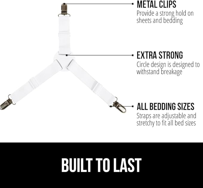 GORILLA GRIP Patent Pending Bed Sheet Holders, Adjustable Elastic Fasteners with Metal Clips, Keep in Place Fitted Bedding Straps, Firm Tight Suspenders for Mattress, US Designed, 8 Pack White