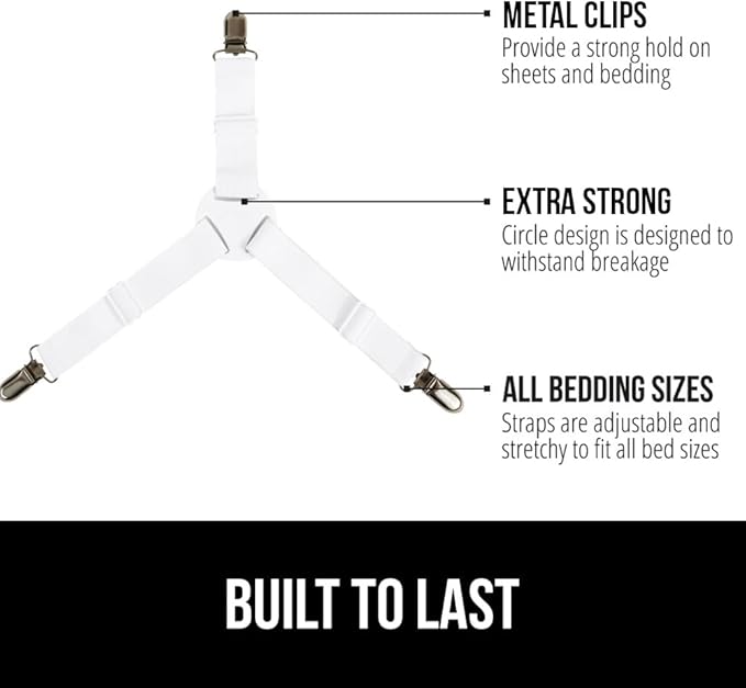 GORILLA GRIP Patent Pending Bed Sheet Holders, Adjustable Elastic Fasteners with Metal Clips, Keep in Place Fitted Bedding Straps, Firm Tight Suspenders for Mattress, US Designed, 4 Pack White