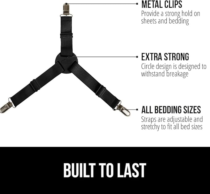 GORILLA GRIP Patent Pending Bed Sheet Holders, Adjustable Elastic Fasteners with Metal Clips, Keep in Place Fitted Bedding Straps, Firm Tight Suspenders for Mattress, US Designed, 8 Pack Black