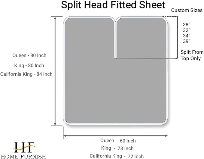 Top Split Queen Fitted Sheet Only for Adjustable beds, Split Down 32 inches from The Top, 600 Thread Count 100% Cotton Half Split Flex Head Fitted Sheet for Sleep Number Beds, Silver