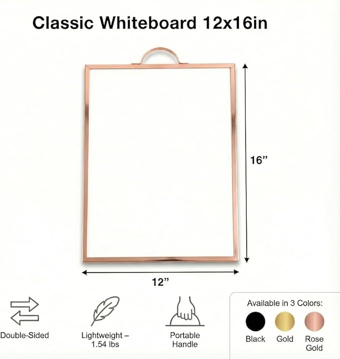 Small Whiteboard 12 x 16 Inch Magnetic Dry Erase Board with Handle | Rose Gold Aluminum Frame | Double-Sided Planner Board with Weekly & Monthly Sheets | 3 Markers, Eraser & 2 Magnets