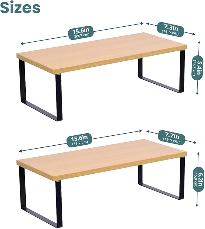 Sben Cabinet Organizer Shelf, Set of 2 Kitchen Counter Shelves, Kitchen Storage, Spice Rack, Stackable, Expandable, Metal and Engineered Wood, Ink Black and Natural Beige
