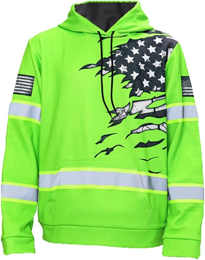 US Flag High Visibility Hoodie for Men Reflective Hoodie Safety Workwear for Worker Runner Patriotic ACC02