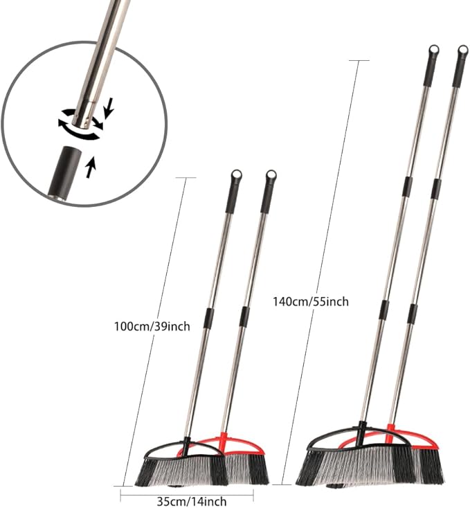2-Pack Outdoor Heavy Duty Broom Set, 15.7" Wide Angle All-Terrain Sweepers with Long Adjustable Handle & Stiff Bristles for Patio, Garage, Yard, Garden (Black&Red)