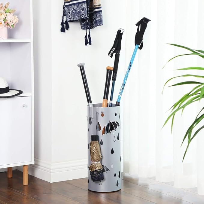 SONGMICS Umbrella Stand, Metal Umbrella Holder for Entryway, with Water Tray and 4 Hooks, 7.7 x 7.7 x 19.3 Inches, Round, Silver Grey ULUC23S