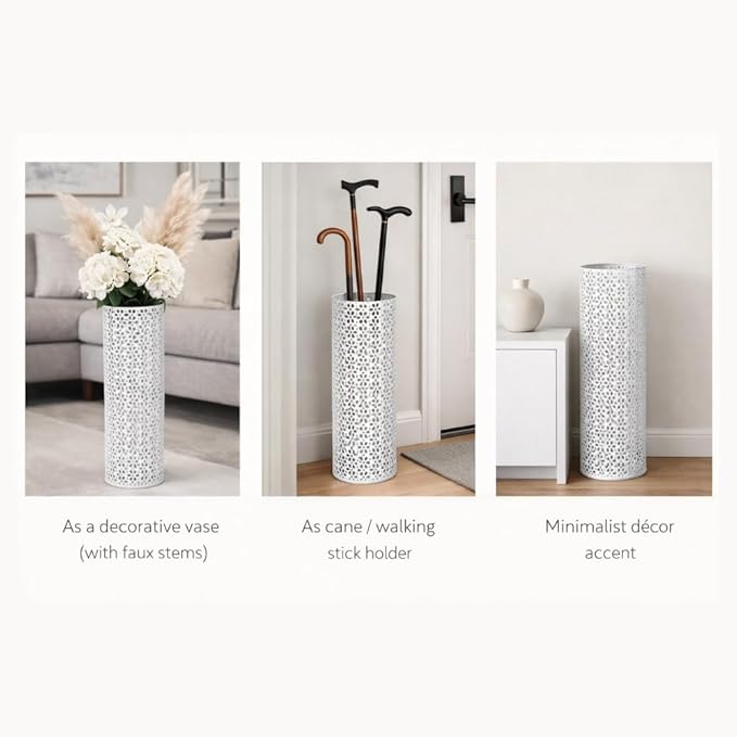 Concepts 8x20 inch Heavy Duty Metal Umbrella Stand - Durable Storage Holder for Umbrellas - Indoor and Outdoor Use - Stylish and Modern Organizer for Entryways. (White Floral Lace)