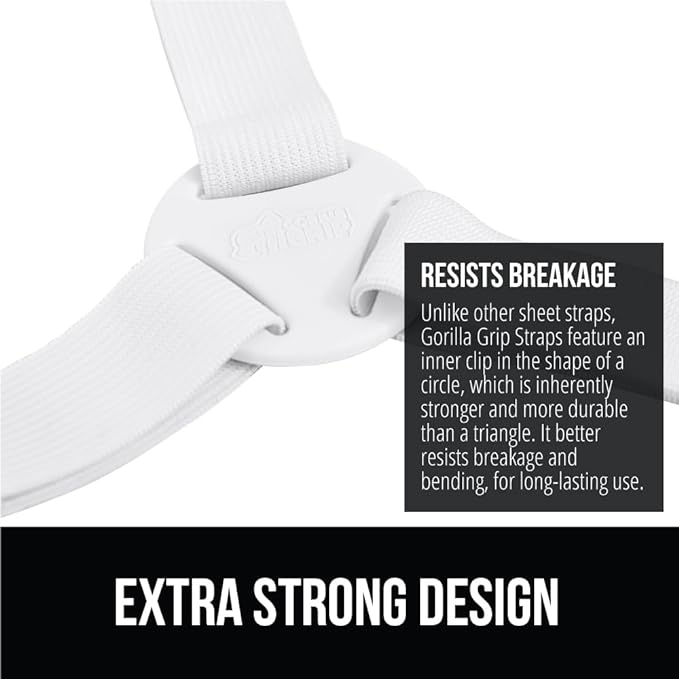 GORILLA GRIP Patent Pending Bed Sheet Holders, Adjustable Elastic Fasteners with Metal Clips, Keep in Place Fitted Bedding Straps, Firm Tight Suspenders for Mattress, US Designed, 4 Pack White