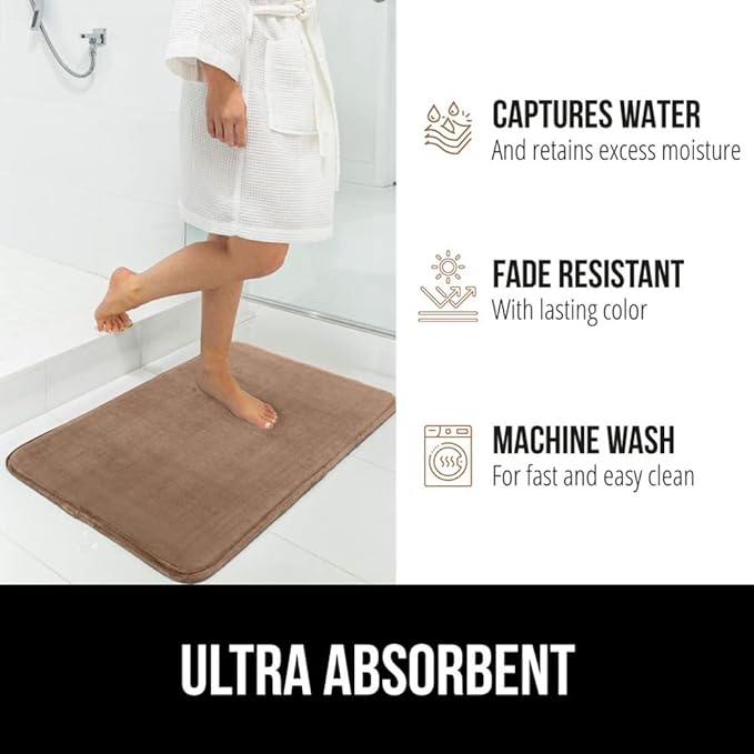 GORILLA GRIP Memory Foam Bath Mat, Soft Absorbent Velvet Bathroom Mats, Durable Dots on Underside, Machine Washable Bathmat, Carpet Rug Room Decor for Shower Tub Floor RV, 24x17 Rugs, Taupe