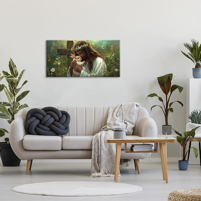 Green Jesus Love Wall Art for Bedroom Canvas Painting Prints GOD Embrace Rabbit Bunny Spiritual Faith Crucifix Cross Vintage Art Deco Spring Artwork Office Farmhouse Decor