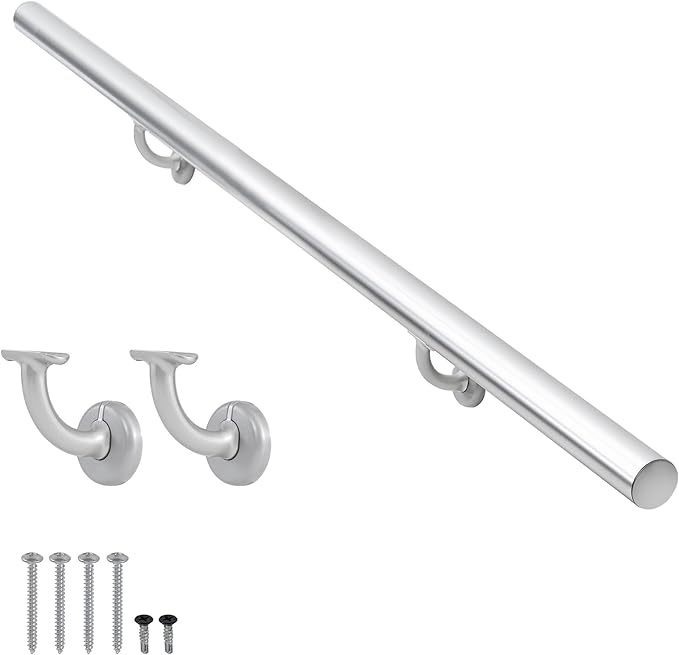 2FT Modern Aluminum Handrail Set, handrails for Indoor Stairs,Deck,Slope, Wall Mounted Staircase handrails, Zink Alloy Brackets Included,Rust Free. (Anodized Silver, 2 FT)