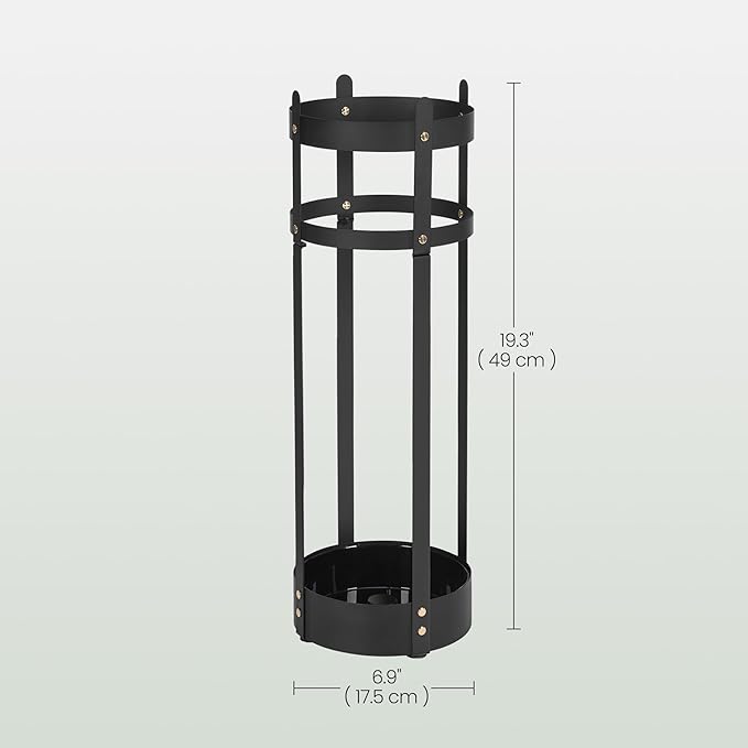 SONGMICS Umbrella Stand, Steel Round Umbrella Holder Rack, 6.9 x 6.9 x 19.3 Inches, with Detachable Drip Tray, for Entryway, Office, Stable, Assembly Required, Matte Black ULUC029B01
