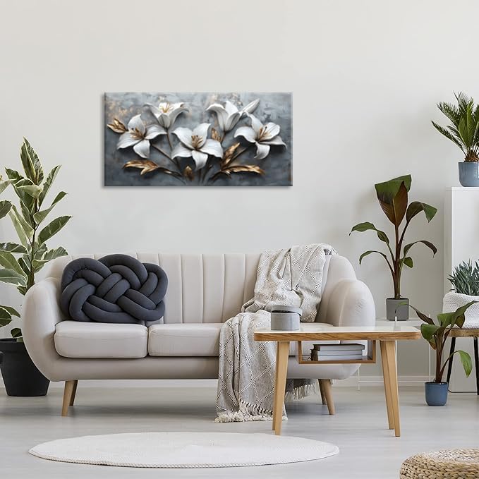 White Flowers Wall Art for Living Room Canvas Painting Prints Beautiful Floral Gold Leaves Gray Modern Artwork Office Bedroom Girls Decor Large