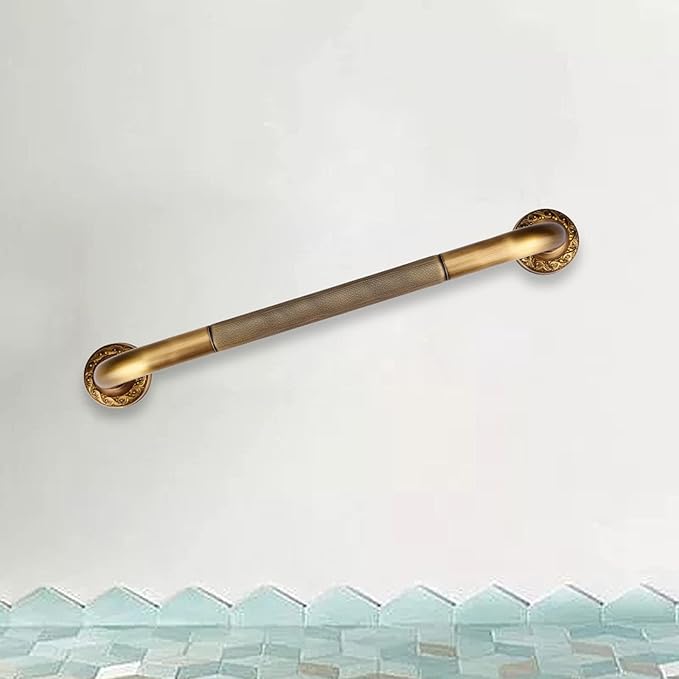Shower Grab Bar, 19.09x3.54x2.4in Antique Style Brass Carved Shower Tub Safety Grab Bar Anti Slip Safety ShowerHandle Wall Mounted Bathroom Accessories for Bathtub Hand