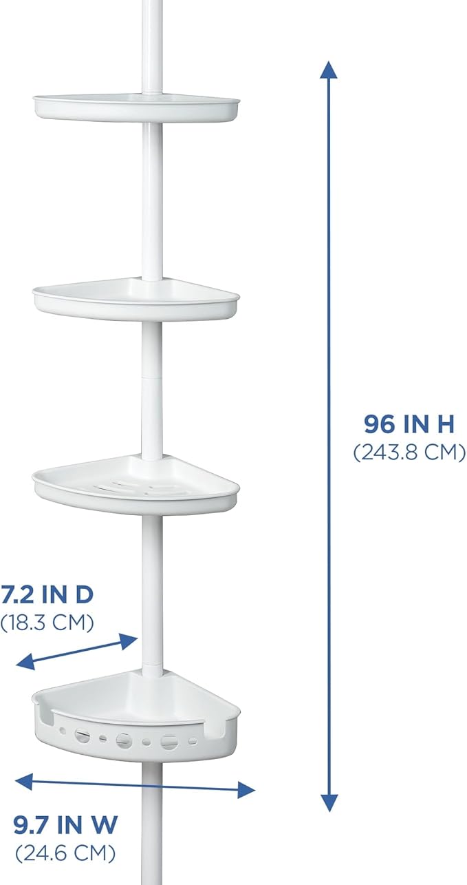 4-Tier Tension Corner Shower Caddy, White Steel Pole, Adjustable 60-96 Inches, 3 Shelves with Deep Basket, Rust-Resistant Finish