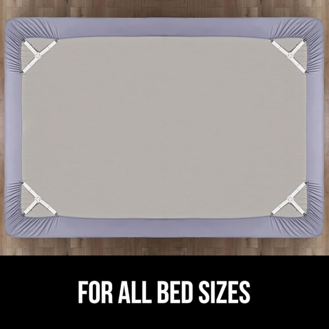 GORILLA GRIP Patent Pending Bed Sheet Holders, Adjustable Elastic Fasteners with Metal Clips, Keep in Place Fitted Bedding Straps, Firm Tight Suspenders for Mattress, US Designed, 4 Pack White