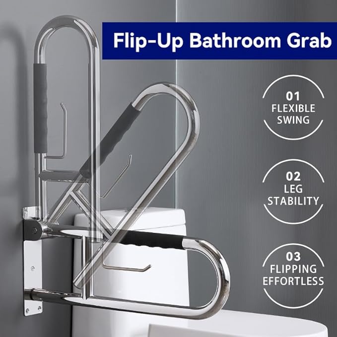 Toilet Grab Bar 23.6 Inch, BVTOURA Flip-Up Safety Rail with Soft Silicone Anti-Slip Finger-Grip Handle and Paper Holder, Stainless Steel U-Shaped Support Bar for Elderly Disabled, Polished Chrome