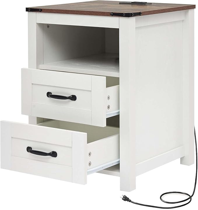 White Night Stand, Rustic End Table with Charging Station, Farmhouse Tall Nightstand for Bedroom, Drawer Dresser Bedside Table with Open Storage Shelf