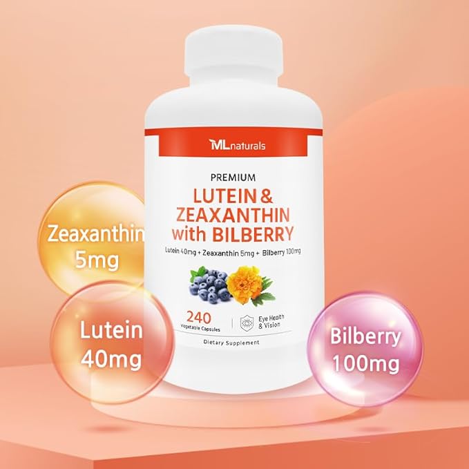 ML Naturals Premium Lutein & Zeaxanthin with Bilberry 240 Vegetable Capsules. Lutein 40 mg, Zeaxanthin 5 mg, and Bilberry 100 mg. Healthy Eyes & Vision, NSF-Certified & cGMP-Compliant Facility