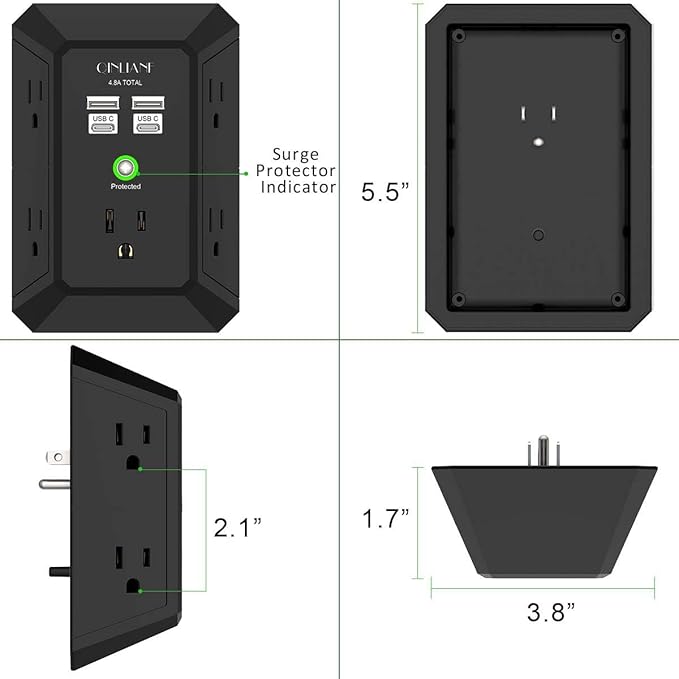 USB Wall Charger, Surge Protector, QINLIANF 5 Outlet Extender with 4 USB Charging Ports (4.8A Total) 3-Sided 1680J Power Strip Multi Plug Outlets Wall Adapter Spaced for Home Travel Office, Black