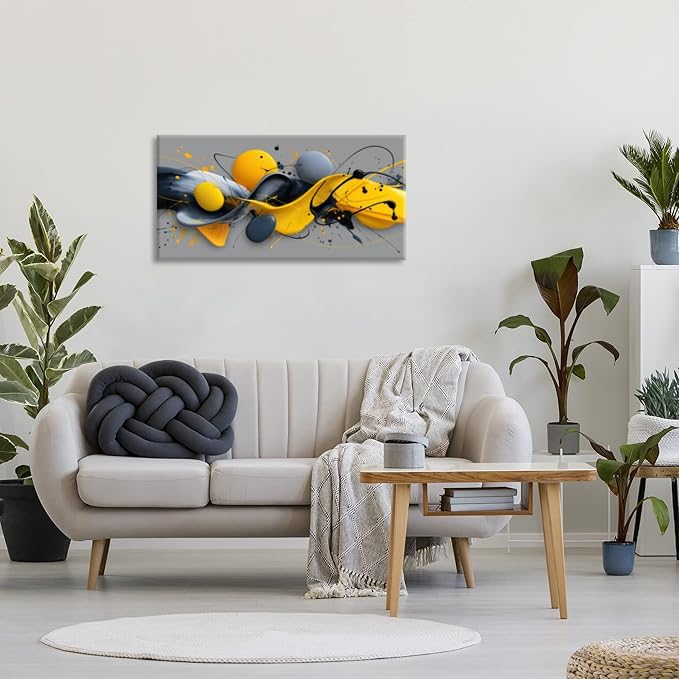 Yellow Abstract Splash Pigment Wall Art for Bedroom Canvas Painting Prints Dynamic Art Deco Gray Vibrant Artwork Office Family Decor