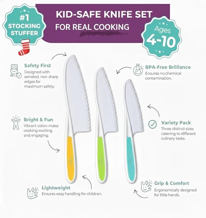 Tovla Jr. Kid Safe Knife Gift Set for Real Cooking | Educational | Toddler Kitchen Knives | Montessori and STEM Cooking Tools Ages 4 to 12 | BPA Free, Dishwasher Safe | Birthday Gift