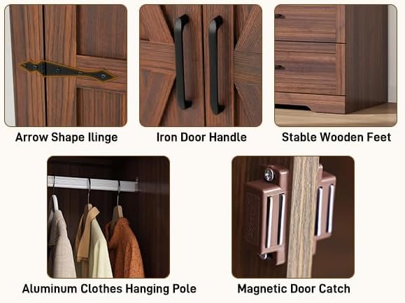 7 Doors Wardrobe Armoire Closet with Doors and Drawers, Farmhouse Wooden Armoire Storage Cabinet with Shelves & Hanging Rod for Bedroom, Brown