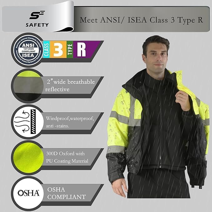 sesafety High Visibility Reflective Jackets for Men Waterproof, 3 In 1 Hi-Vis Reflective Winter Bomber Safety Rain Coat with Zipper Sweater, Construction
