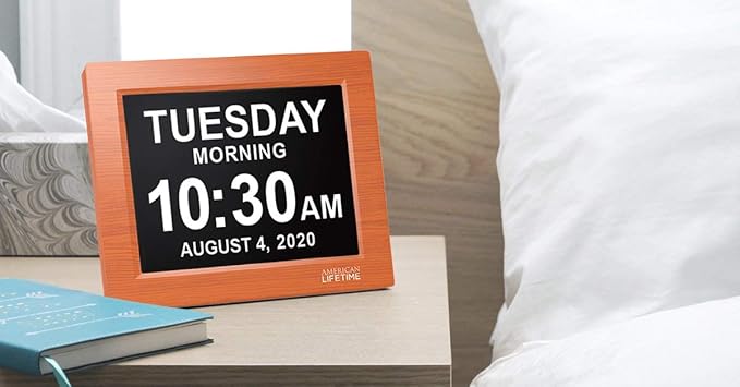 American Lifetime Upgraded Version, Day Clock Extra Large Impaired Vision Digital Clock with Backup and 5 Alarm Options, Brown Wood