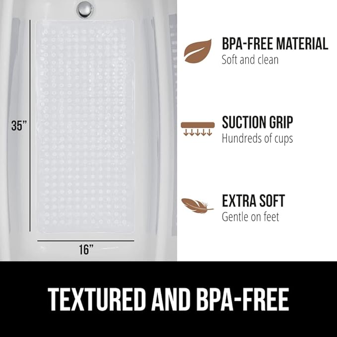 GORILLA GRIP Patented Bath Tub Shower Mat, 2 Pack, Machine Washable Bathtub Floor Liner Mats, Suction Cups and Drain Holes to Keep Tubs Clean, Soft on Feet, Bathroom Essentials, 35x16 Inch, Clear