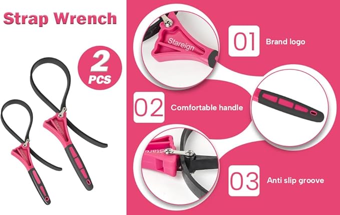 2 - Pack Rubber Strap, Oil Filter Diameter 4" and 6" Heavy Duty Adjustable Blet for Jar Opener, Water Filter, Plumbing, Sink, Faucet(PINK)