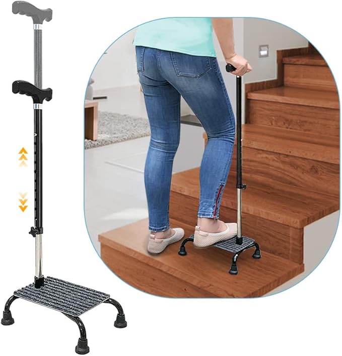 Stair Climbing Cane Half Step Stair Walker Aid Devices Stairway Lift for Elderly Seniors Assist Helper Adjustable 4 Pronged Quad Base Balance Stability Walking Sticks