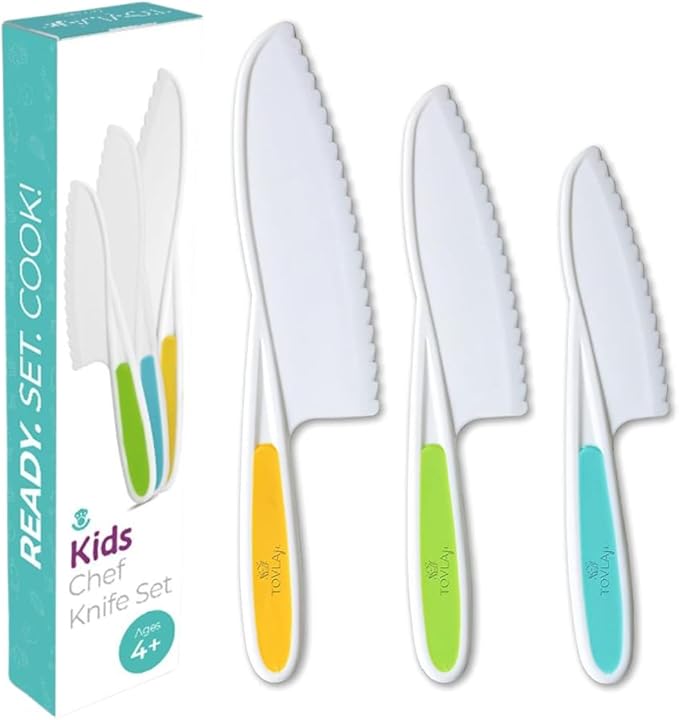 Tovla Jr. Kid Safe Knife Gift Set for Real Cooking | Educational | Toddler Kitchen Knives | Montessori and STEM Cooking Tools Ages 4 to 12 | BPA Free, Dishwasher Safe | Birthday Gift