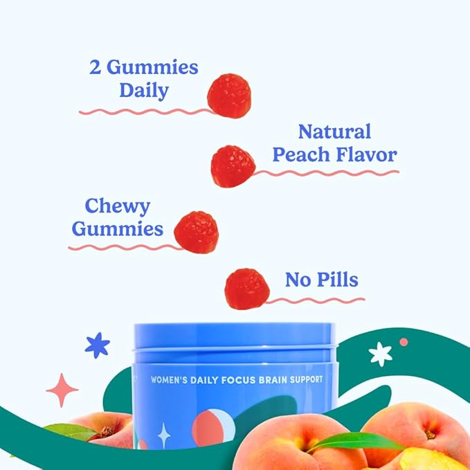 FIRST DAY Women’s Brain Gummies for Focus, Memory & Clarity | Cognizin® Citicoline + Phosphatidylserine | Natural Sustained Energy, Peach Flavor, Vegan, Non-GMO | 30-Day Supply