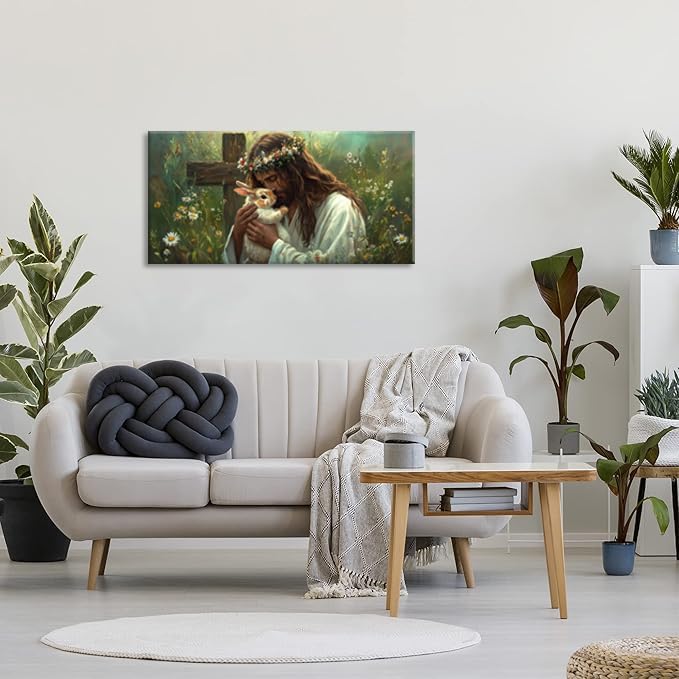 Green Jesus Love Wall Art for Living Room Canvas Painting Prints GOD Embrace Rabbit Bunny Spiritual Faith Crucifix Cross Vintage Art Deco Spring Artwork Office Bedroom Farmhouse Decor Large