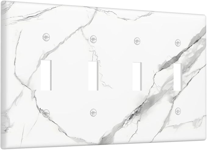 White Marble Abstract Luxurious Print Light Switch Covers Quad Toggle Electrical Faceplate 4 Gang Wall Plate Decorative Switch Plates Cover for Bathroom Kitchen Home Decor
