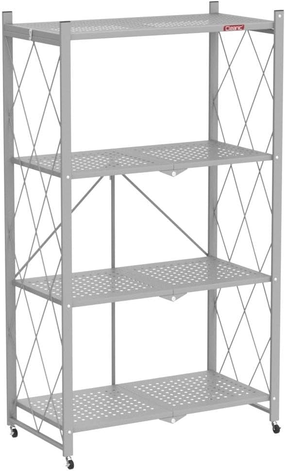 DEANIC 4 Tier Foldable Storage Shelves with Wheels, Large Capacity Shelving Unit, Freestanding Metal Wire Shelf Rack, No Assembly Organizer Rack for Garage Kitchen, Basement, Pantry(Grey)