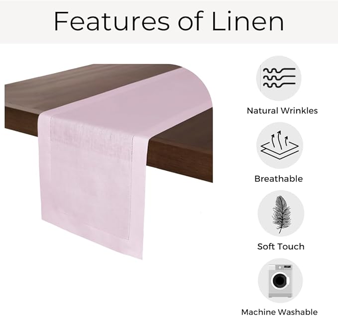D'Moksha Homes Linen Pastel Pink Table Runner 108 Inches Long - 100% Pure Linen 14 x 108 Inch Table Runner for Valentines, Spring, Easter - Classic Hemstitch