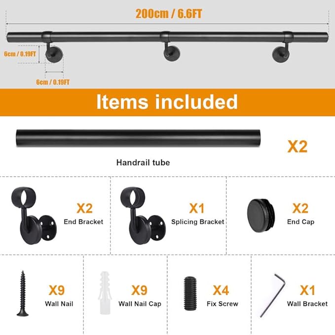 6.6Ft Industrial Metal Stairs Handrail Kit, Sturdy Wall Mount Aluminum Hand Rail, Indoor Outdoor Stair Railing Wood Concrete Brick Wall,1.5 in Round Pipe Grab Bar, Matte Black-6.6FT